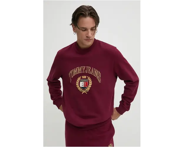Tommy Jeans hanorac de bumbac barbati, culoarea bordo, cu imprimeu, DM0DM19755