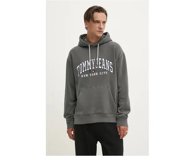 Tommy Jeans bluza barbati, culoarea gri, cu gluga, cu imprimeu, DM0DM20590