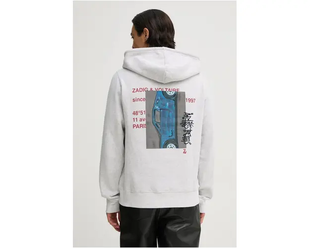 ZADIG&VOLTAIRE bluza barbati, culoarea gri, cu gluga, cu imprimeu, JMSS00253