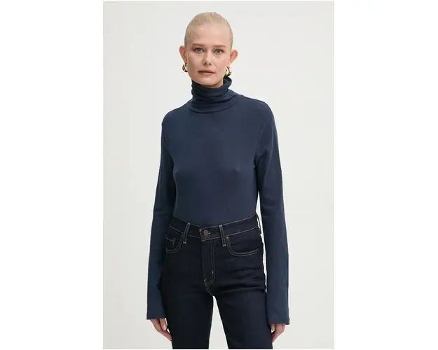 Marc O'Polo tricou DENIM femei, culoarea albastru marin, cu turtleneck, 5000005193