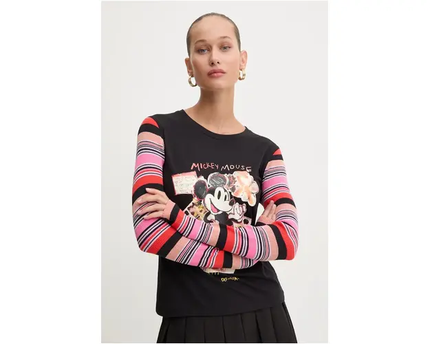 Desigual longsleeve PATCHMICKEY femei, culoarea negru, 24WWTKA2