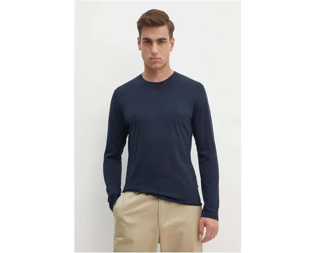 Sisley longsleeve din bumbac culoarea albastru marin, neted, 3WF0S1013