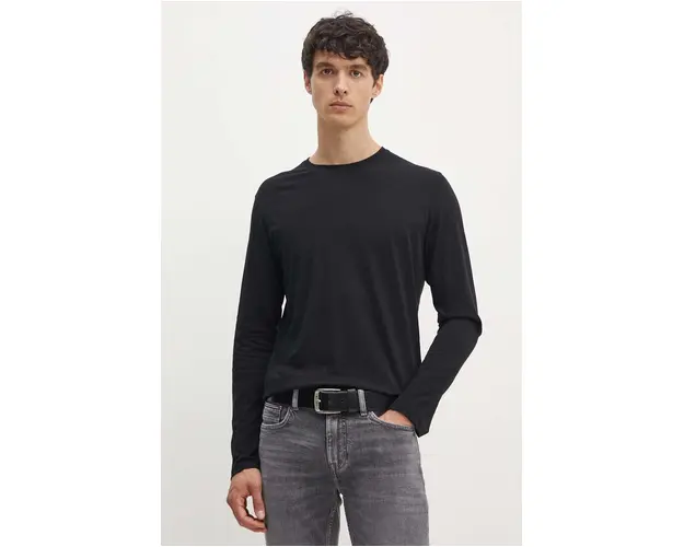 Sisley longsleeve din bumbac culoarea negru, neted, 3WF0S1013