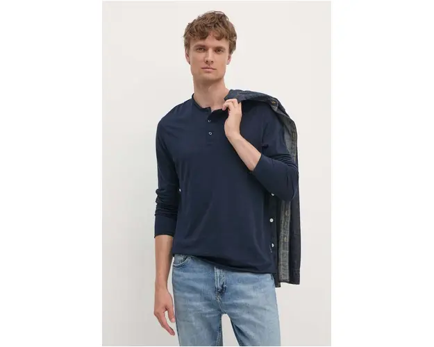 Sisley longsleeve din bumbac culoarea albastru marin, neted, 3WF0S1034