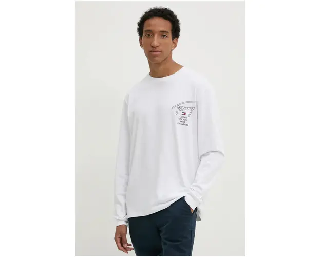 Tommy Jeans longsleeve din bumbac culoarea alb, cu imprimeu, DM0DM20105