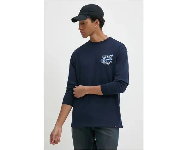 Tommy Jeans longsleeve din bumbac culoarea albastru marin, cu imprimeu, DM0DM20595