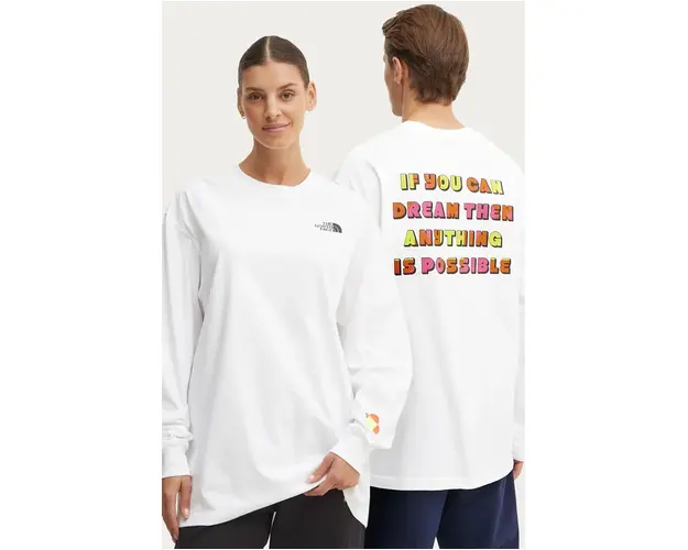 The North Face longsleeve din bumbac TNF x Yinka Ilori culoarea alb, cu imprimeu, NF0A89CAFN41