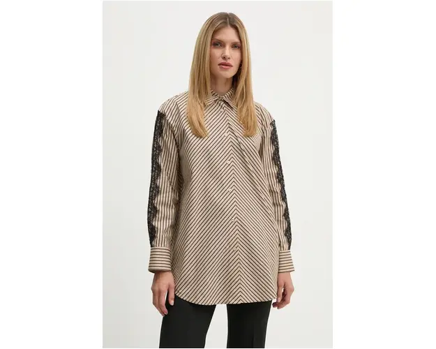 Bruuns Bazaar camasa din bumbac IpoBBLua shirt femei, culoarea bej, cu guler clasic, relaxed, BBW4140