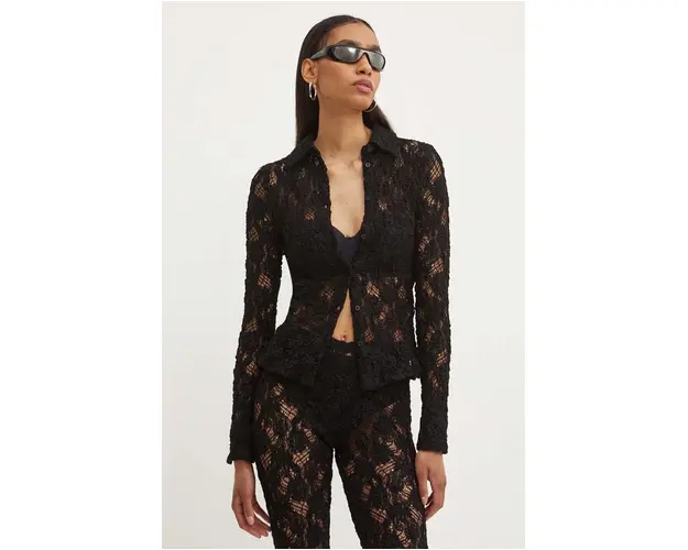 MSGM camasa femei, culoarea negru, cu guler clasic, slim, 3741MDE06.247624