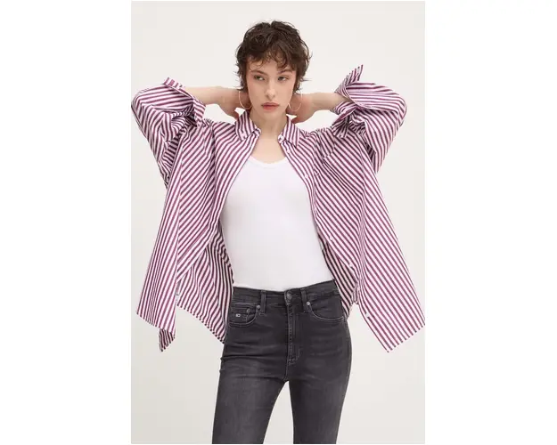 Tommy Jeans camasa din bumbac femei, culoarea violet, cu guler clasic, relaxed, DW0DW19236
