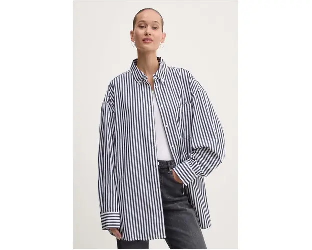 Tommy Jeans camasa din bumbac femei, culoarea albastru marin, cu guler clasic, relaxed, DW0DW19236