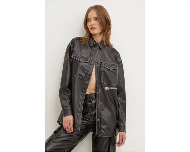 Karl Lagerfeld Jeans geaca cu aspect de camasa culoarea negru, de tranzitie, oversize, 245J1604