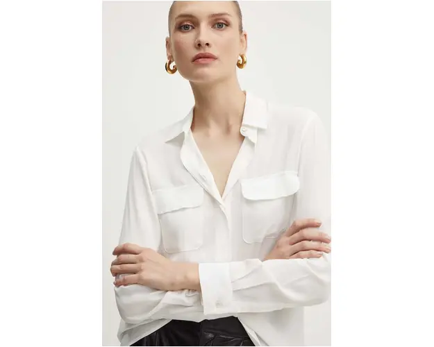 Marella camasa din amestec de matase culoarea bej, cu guler clasic, relaxed, 2423116031200