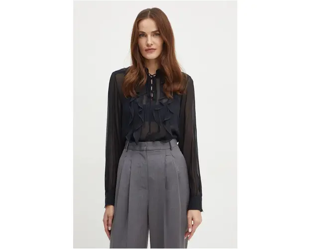 Marella bluza de matase culoarea negru, neted, 2423116141200