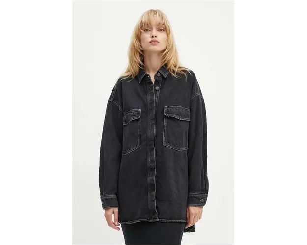 American Vintage camasa jeans femei, culoarea negru, cu guler clasic, relaxed, YOP06CH24