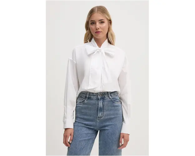 Pepe Jeans camasa din bumbac KARYMA femei, culoarea alb, cu un decolteu legat, relaxed, PL304954