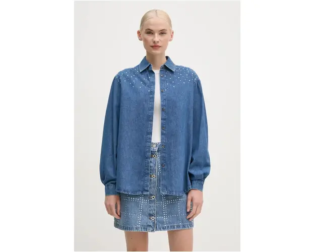 Pepe Jeans camasa jeans CHARLIE SPARKLE femei, cu guler clasic, relaxed, PL304962