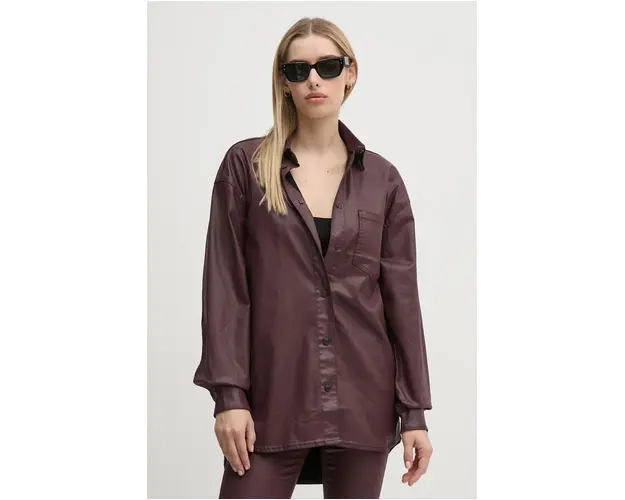 Pepe Jeans camasa OVERSHIRT femei, culoarea bordo, cu guler clasic, relaxed, PL304963YH7