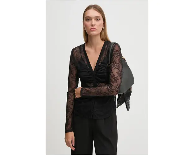 Sisley camasa femei, culoarea negru, slim, 59IWLQ07O