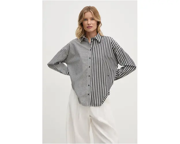 Sisley camasa din bumbac femei, culoarea gri, cu guler clasic, relaxed, 5WAZLQ07J