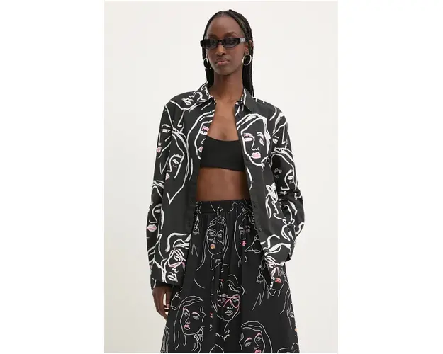 Desigual camasa din bumbac FACES femei, culoarea negru, cu guler clasic, regular, 24WWCW34