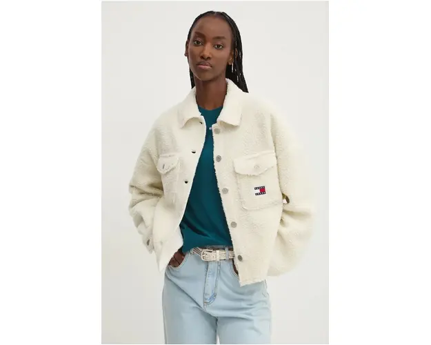 Tommy Jeans geaca cu aspect de camasa culoarea bej, oversize, DW0DW18869