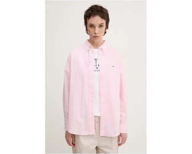 Tommy Jeans camasa din bumbac femei, culoarea roz, cu guler clasic, regular, DW0DW19805