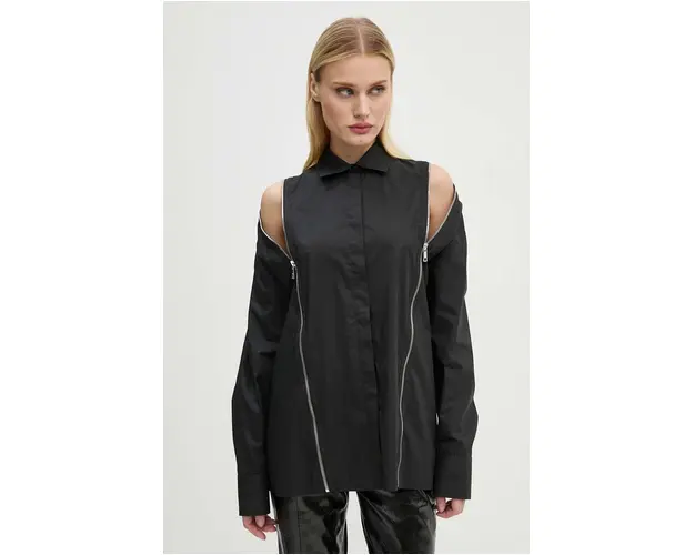 MSGM camasa din bumbac femei, culoarea negru, cu guler clasic, relaxed, 3742MDE07.247816