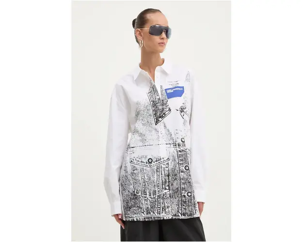 Karl Lagerfeld Jeans camasa din bumbac femei, culoarea alb, cu guler clasic, relaxed, 246J1604