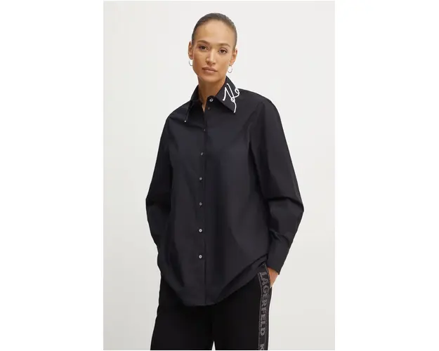 Karl Lagerfeld camasa din bumbac femei, culoarea negru, cu guler clasic, relaxed, 246W1603