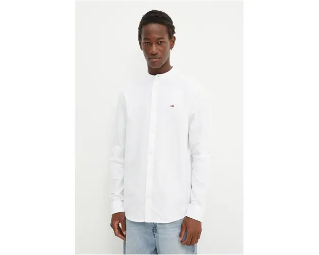 Tommy Jeans camasa din bumbac barbati, culoarea alb, cu guler stand-up, regular, DM0DM19523