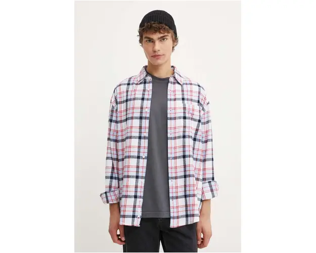 Tommy Jeans camasa din bumbac barbati, culoarea alb, cu guler clasic, relaxed, DM0DM19532