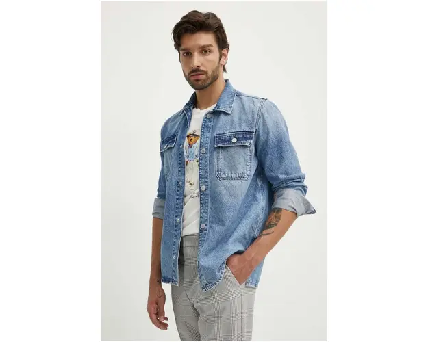Pepe Jeans camasa jeans RELAXED OVERSHIRT barbati, cu guler clasic, regular, PM308585MP7