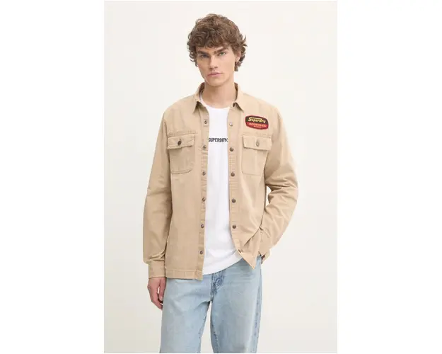 Superdry camasa din bumbac barbati, culoarea bej, cu guler clasic, regular, M4010891A-5YE