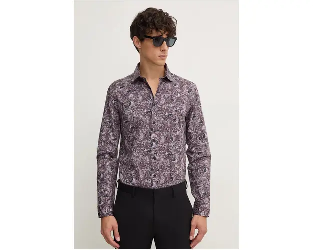 Lindbergh camasa barbati, culoarea maro, cu guler italian, relaxed, 30-203686