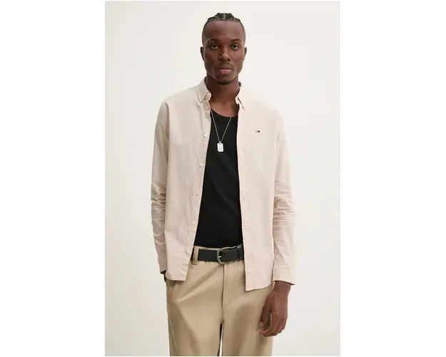 Tommy Jeans camasa barbati, culoarea bej, cu guler button-down, slim, DM0DM09594