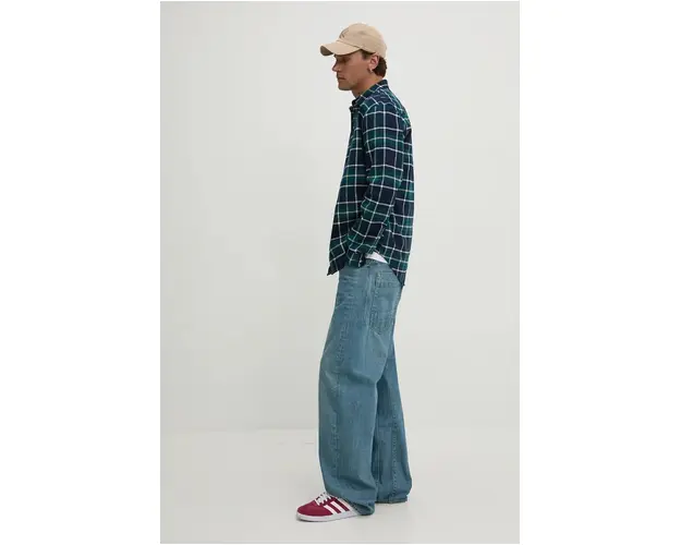 Tommy Jeans camasa din bumbac barbati, culoarea verde, cu guler clasic, regular, DM0DM19651