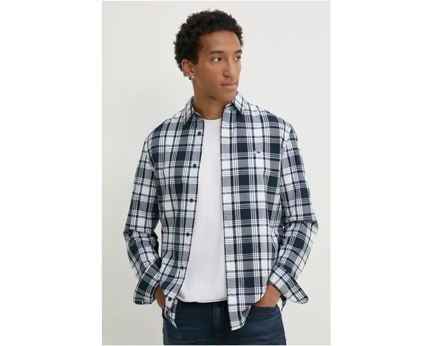 Tommy Jeans camasa din bumbac barbati, culoarea albastru marin, cu guler clasic, regular, DM0DM19655