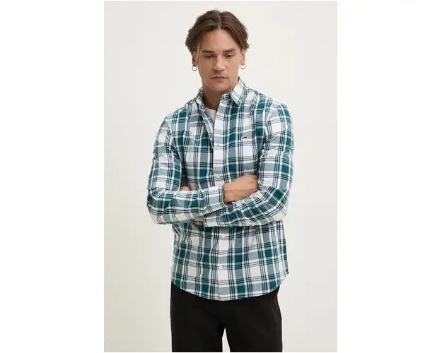 Tommy Jeans camasa din bumbac barbati, culoarea verde, cu guler clasic, regular, DM0DM19655