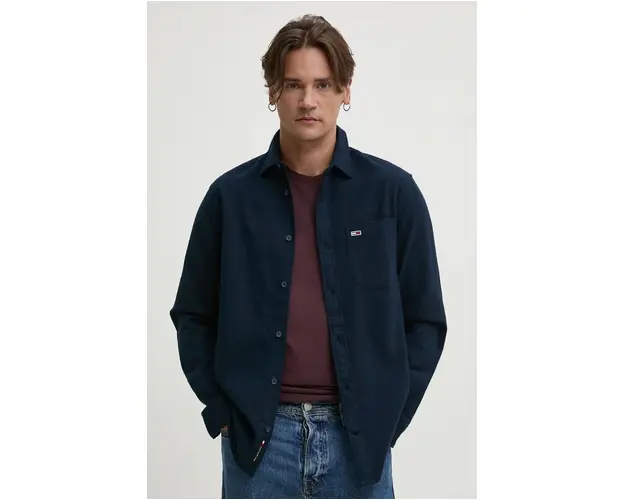 Tommy Jeans camasa din bumbac barbati, culoarea albastru marin, cu guler clasic, regular, DM0DM19656