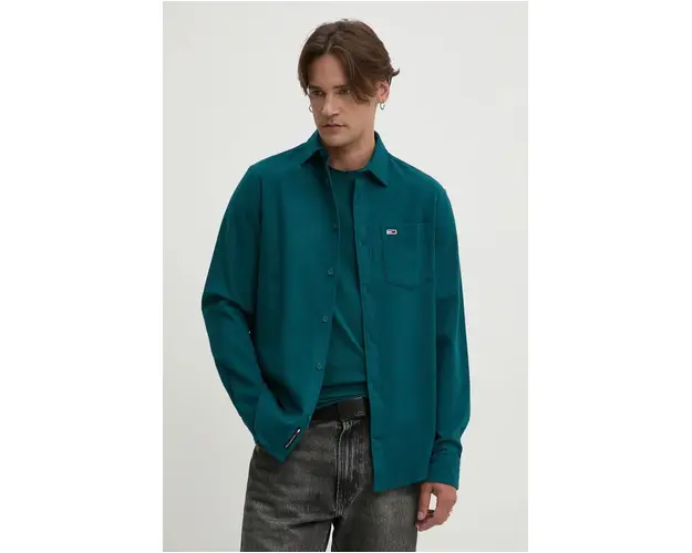 Tommy Jeans camasa din bumbac barbati, culoarea verde, cu guler clasic, regular, DM0DM19656