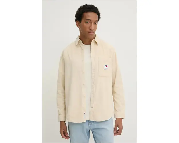 Tommy Jeans camasa din velur culoarea bej, cu guler clasic, relaxed, DM0DM19660