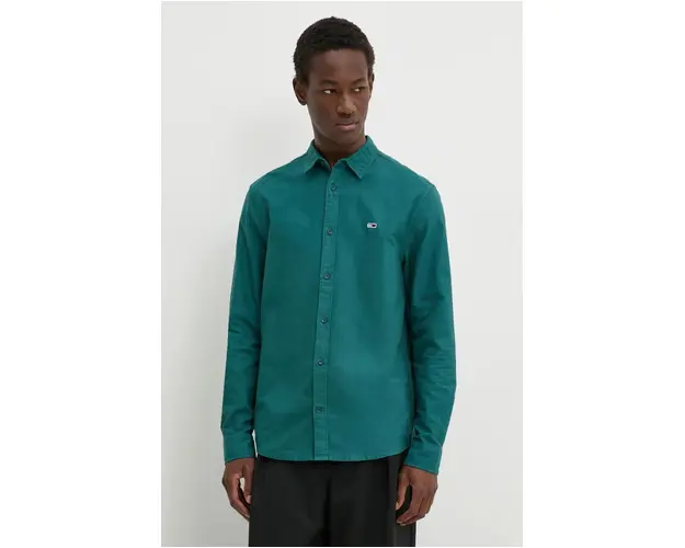Tommy Jeans camasa din bumbac barbati, culoarea verde, cu guler clasic, regular, DM0DM20458