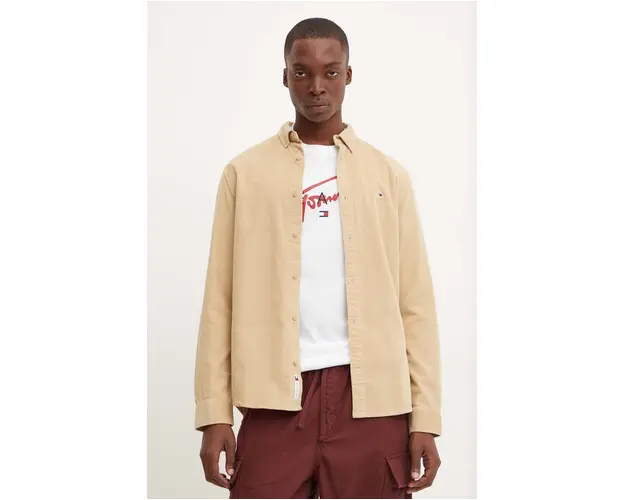 Tommy Jeans camasa din velur culoarea maro, regular, DM0DM20461