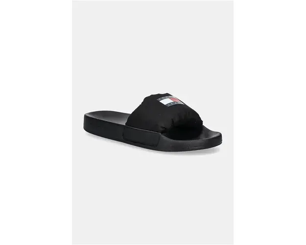 Tommy Jeans papuci TJW INTERESTING MAT POOL SLIDE femei, culoarea negru, EN0EN02644