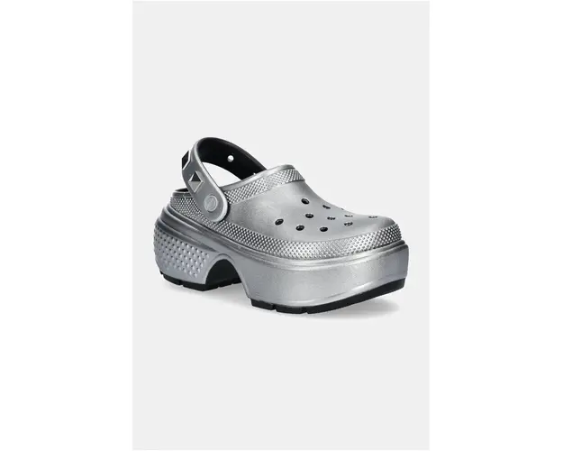 Crocs papuci Stomp Metallic Clog femei, culoarea argintiu, cu platforma, 210362