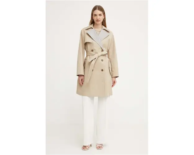 BOSS palton de bumbac culoarea bej, de tranzitie, cu doua randuri de nasturi, 50518479
