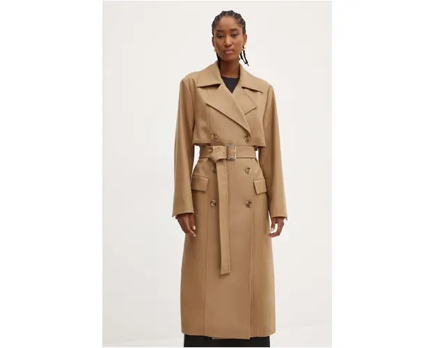 BOSS palton de lana culoarea bej, de tranzitie, cu doua randuri de nasturi, 50518503