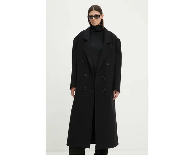 MSGM palton de lana culoarea negru, de tranzitie, cu doua randuri de nasturi, 3741MDC05.247618