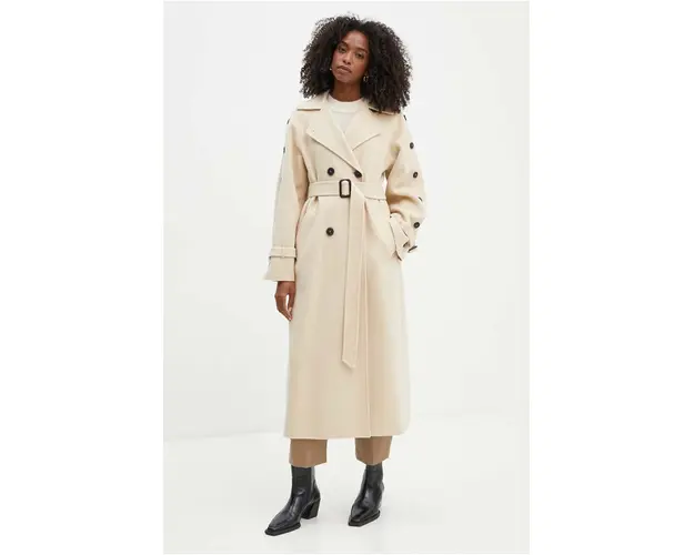 Weekend Max Mara palton de lana culoarea bej, de tranzitie, cu doua randuri de nasturi, 2425016021600